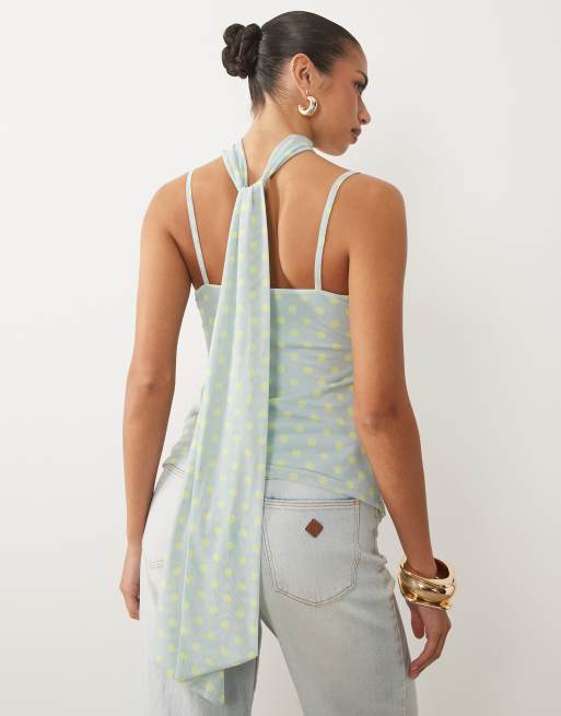 ASOS DESIGN - Canottiera in rete blu a pois gialli con foulard, 4 di 4