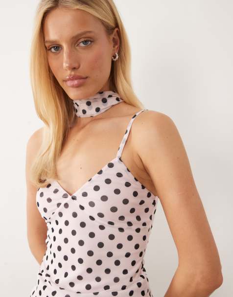 ASOS DESIGN - Canottiera in rete rosa a pois marroni con stampa e foulard - view 1
