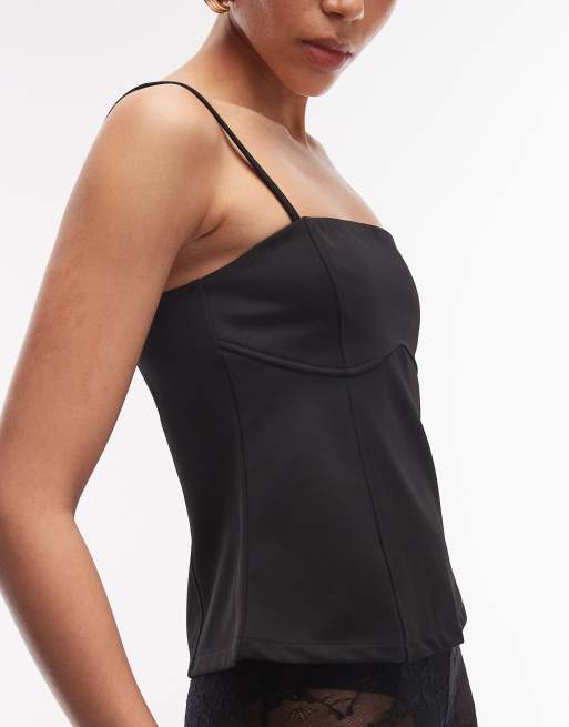 ASOS DESIGN - Canottiera in twill nero sinuoso con bustino arrotondato, 3 di 4