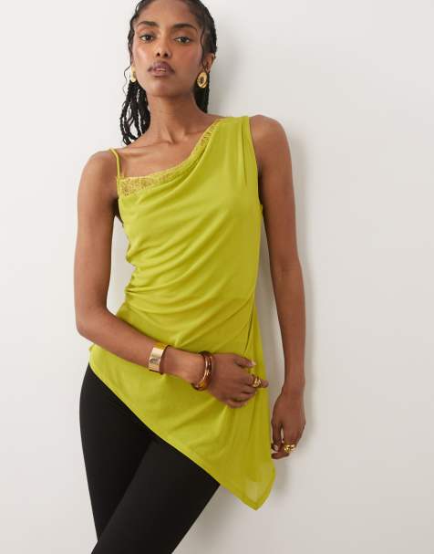 ASOS DESIGN - Canottiera lunga asimmetrica in rete verde con finiture in pizzo - view 1