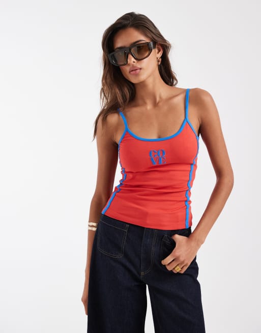 ASOS DESIGN - Canottiera rossa e blu a contrasto con grafica "Cove", 3 di 4