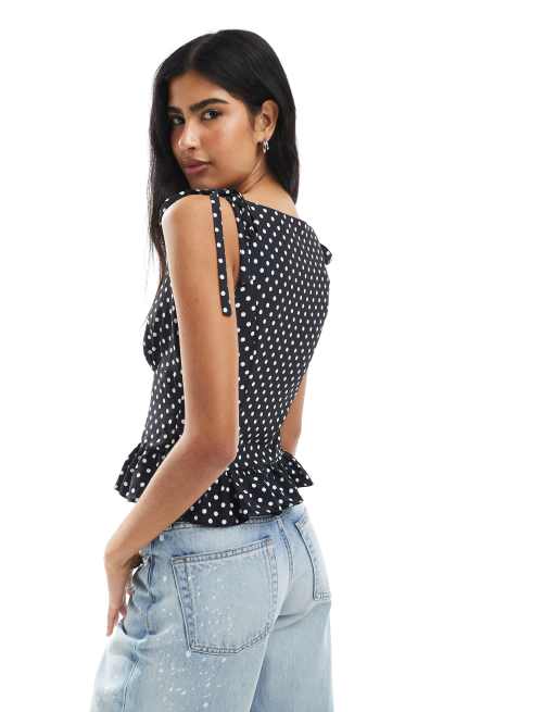 ASOS DESIGN - Canottiera stretta in vita a pois con spalline annodate, 4 di 4