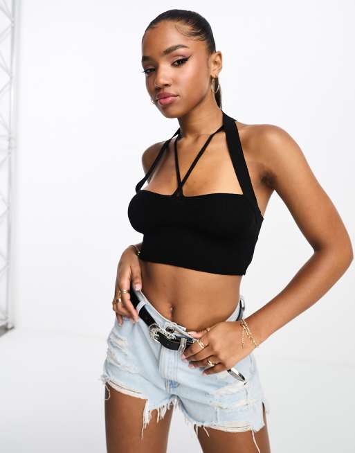 ASOS DESIGN - Canottiera taglio corto in maglia nera con cut-out
