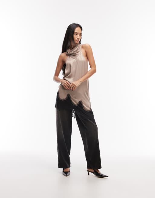 ASOS DESIGN - Canottiera taglio lungo asimmetrico in raso écru con scollo ad anello, 2 di 4
