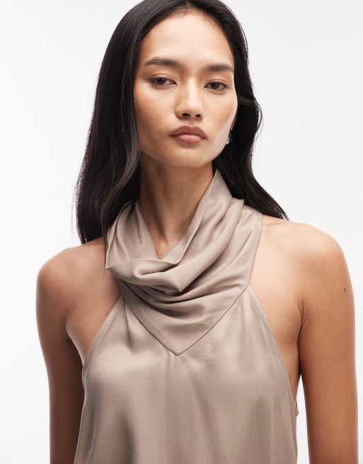 ASOS DESIGN - Canottiera taglio lungo asimmetrico in raso écru con scollo ad anello, 3 di 4