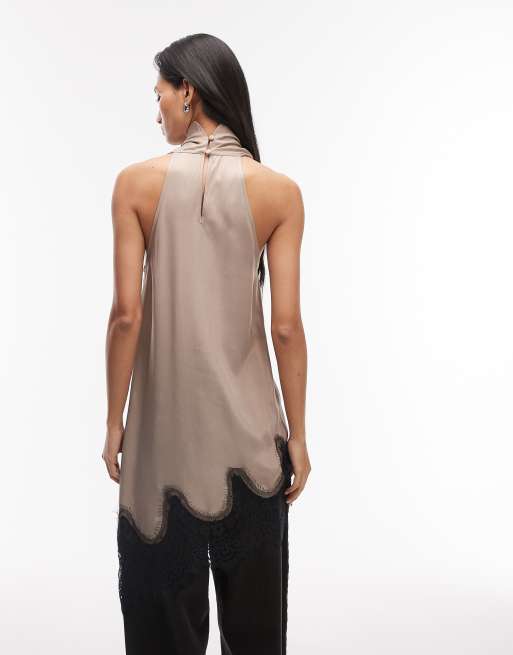 ASOS DESIGN - Canottiera taglio lungo asimmetrico in raso écru con scollo ad anello, 4 di 4