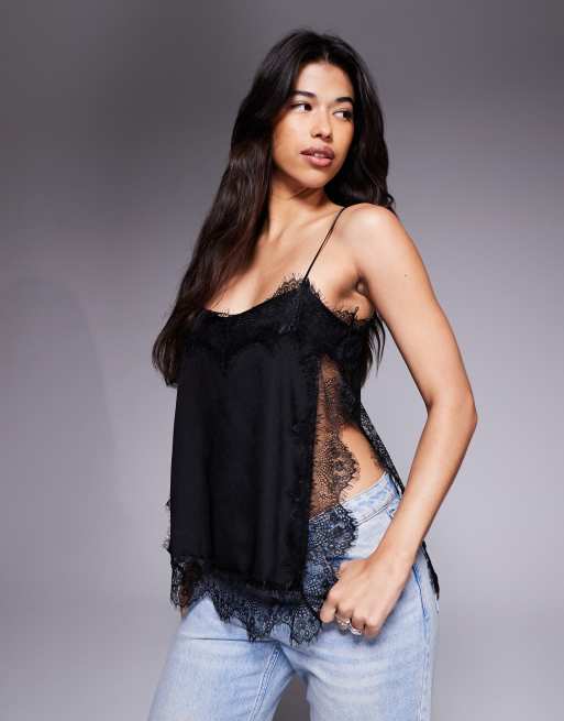 ASOS DESIGN - Canottiera taglio lungo nera con finiture in pizzo