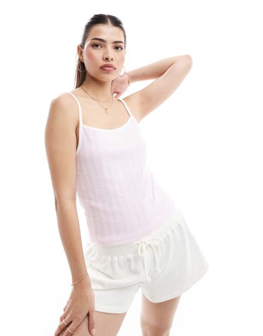 ASOS DESIGN - Canottiera traforata color crema con profili a contrasto