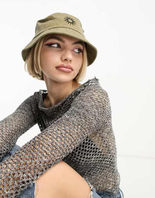 ASOS DESIGN canvas 90s sun motif bucket hat in washed khaki
