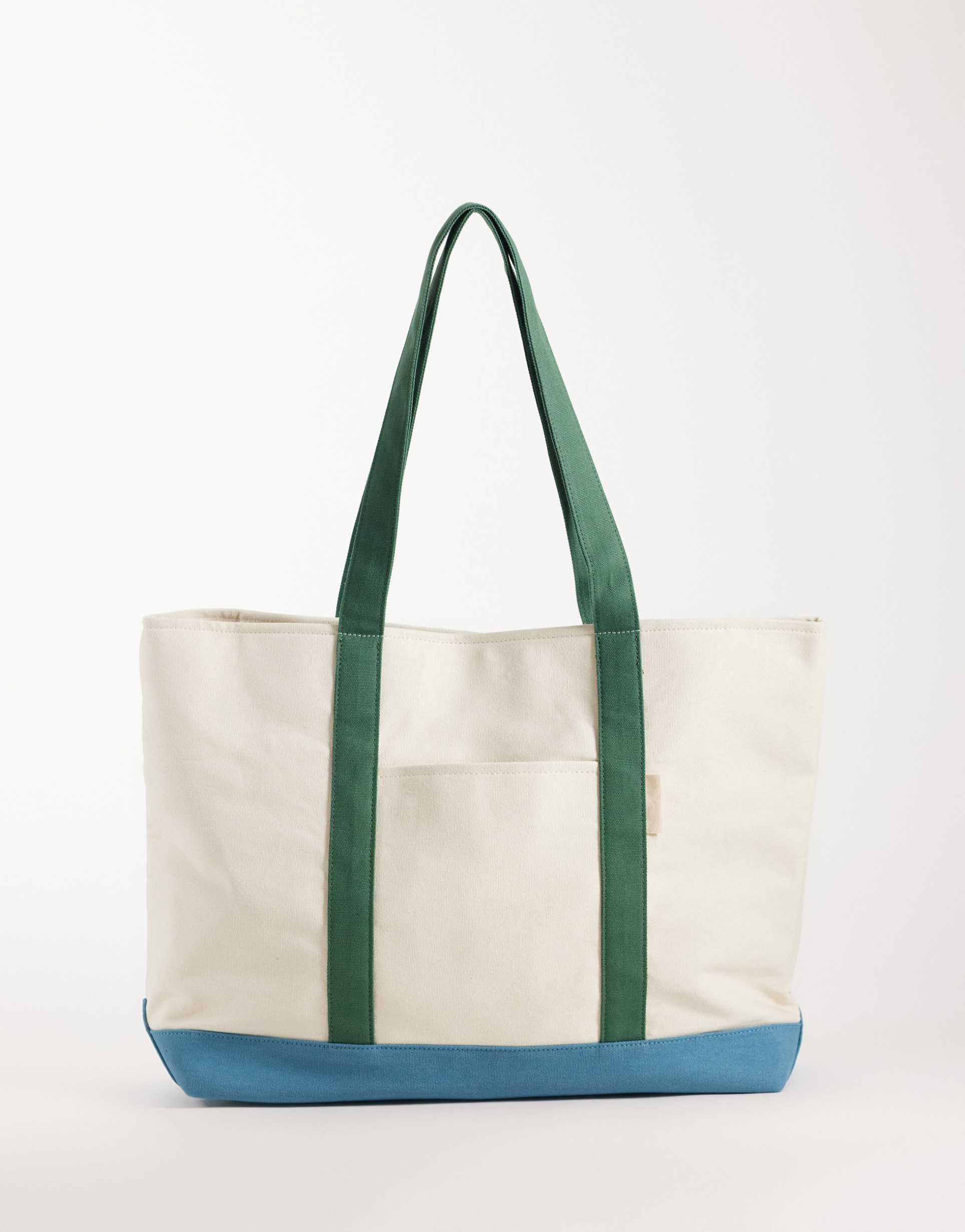 asos design canvas color block tote bag in ecru