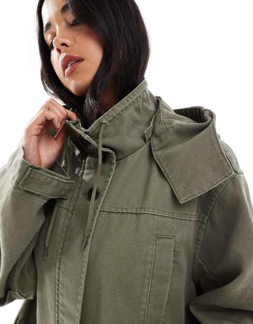 ASOS DESIGN canvas cotton parka with hood in khaki, 3 of 4