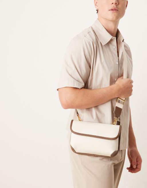 ASOS DESIGN canvas cross body bag in ecru and brown