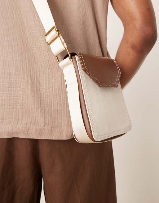 ASOS DESIGN canvas cross body bag in ecru and tan, 2 of 4