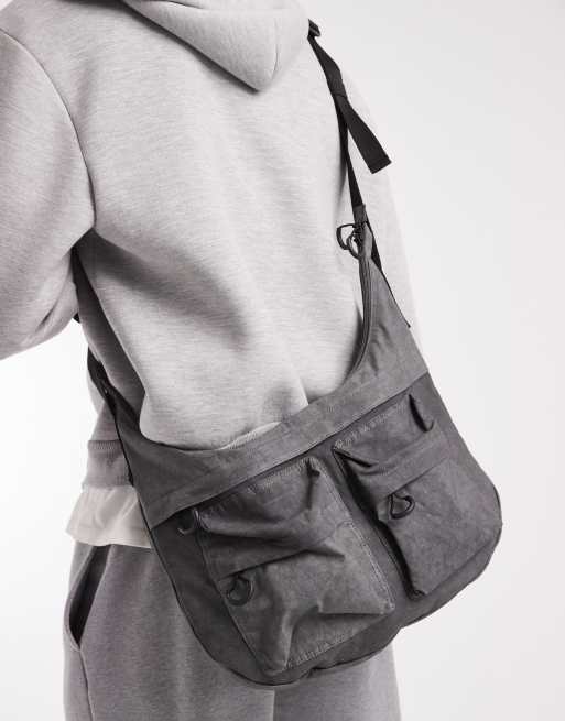 ASOS DESIGN canvas crossbody bag with utility detail in washed grey, 4 of 4