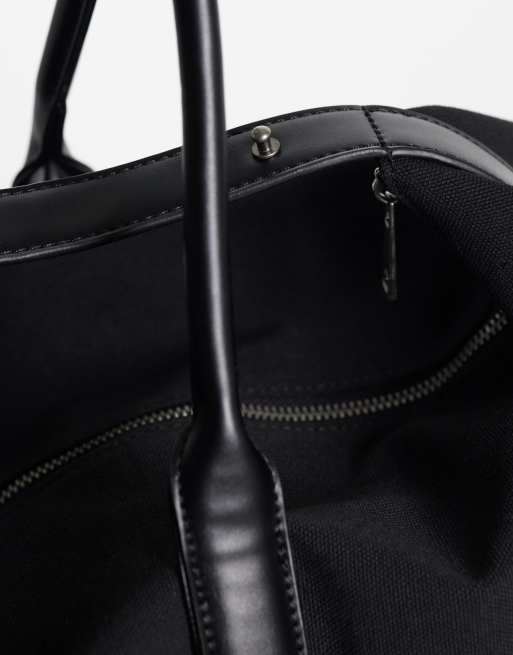 ASOS DESIGN canvas fabric holdall bag with faux leather straps in black, 3 of 4