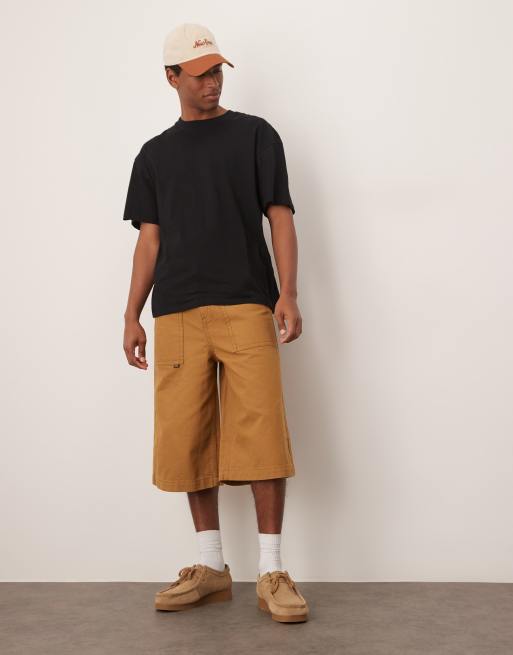 ASOS DESIGN canvas jorts with embroidered back pockets in tan