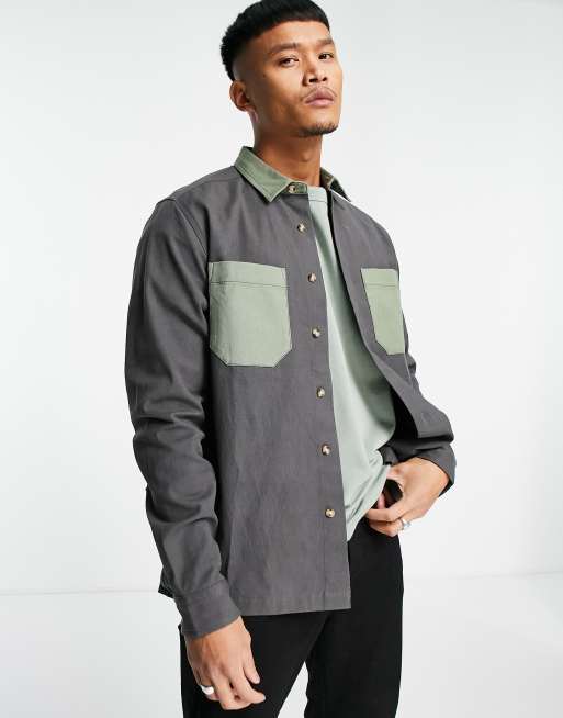 ASOS DESIGN canvas overshirt with contrast pockets in charcoal - CHARCOAL