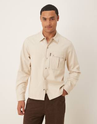 Asos Design Canvas Overshirt With Utility Pocket In Neutral