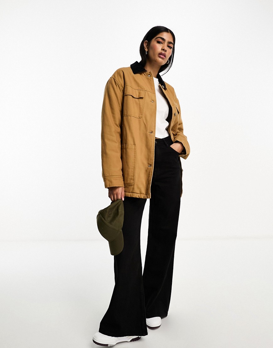 Shop Asos Design Canvas Jacket With Borg Lining And Cord Collar In Tan-green