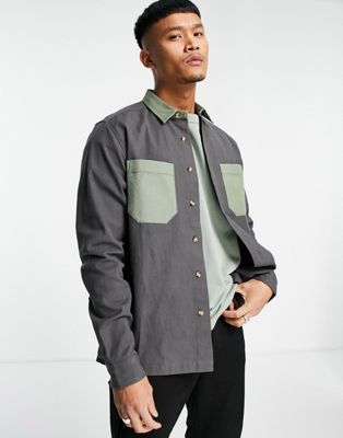 ASOS DESIGN canvas shacket with contrast pockets in charcoal