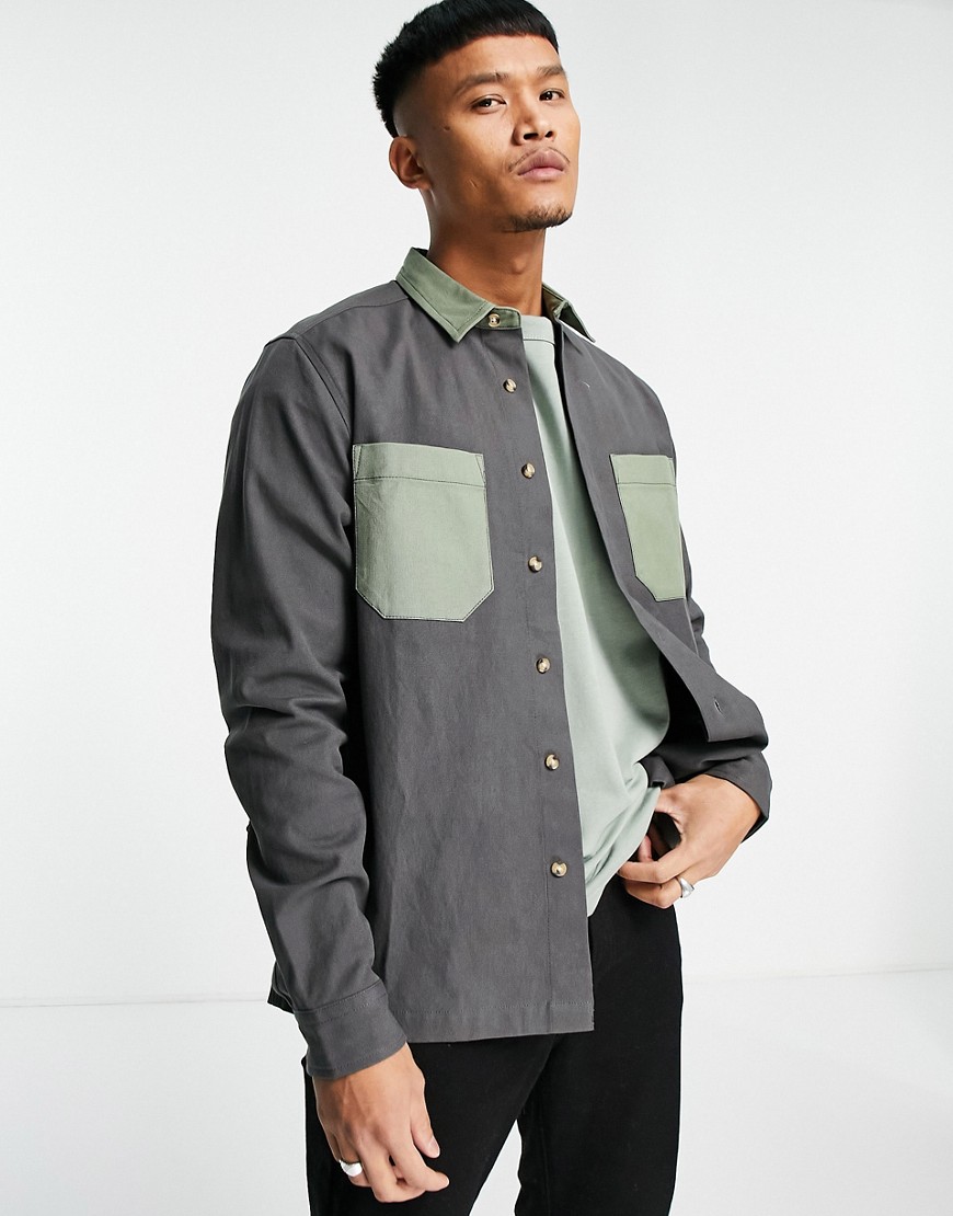 ASOS DESIGN canvas shacket with contrast pockets in charcoal-Gray