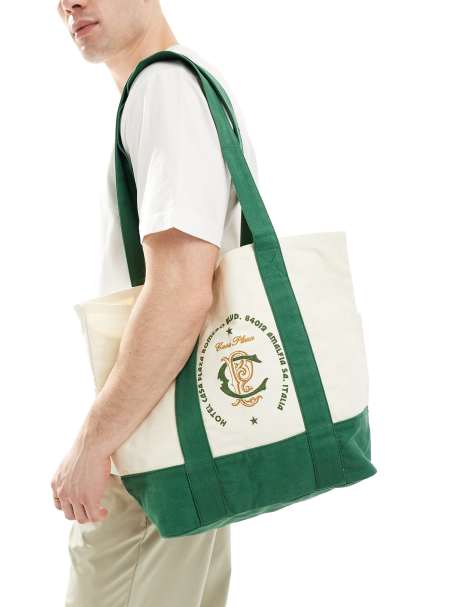 ASOS DESIGN canvas shopper with monogram in green and ecru - view 1