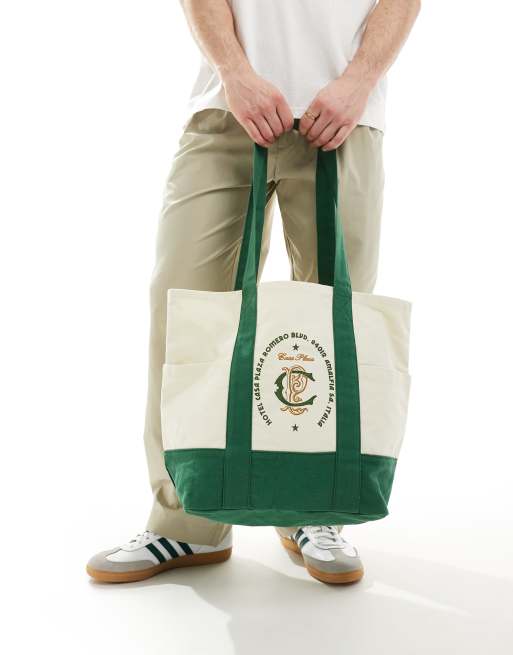 ASOS DESIGN canvas shopper with monogram in green and ecru | ASOS
