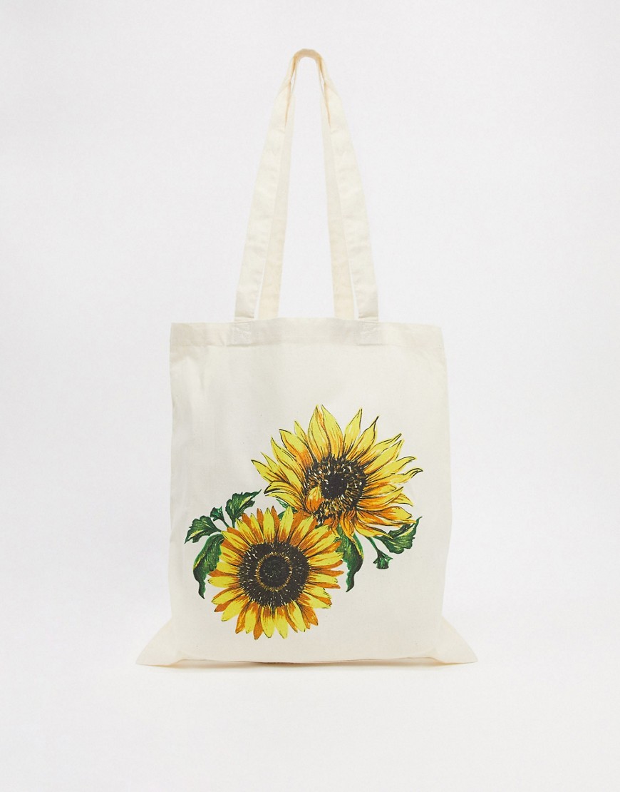 Asos Design Canvas Shopper Bag With Sunflower Print-white