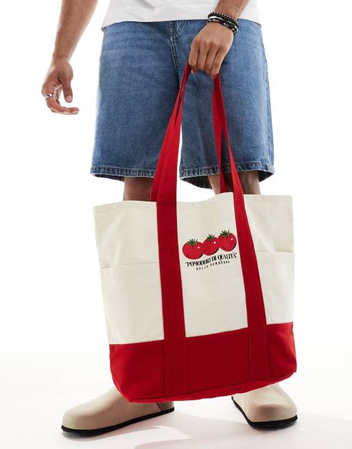 ASOS DESIGN canvas shopper with tomatoes print in red and ecru, 3 of 4