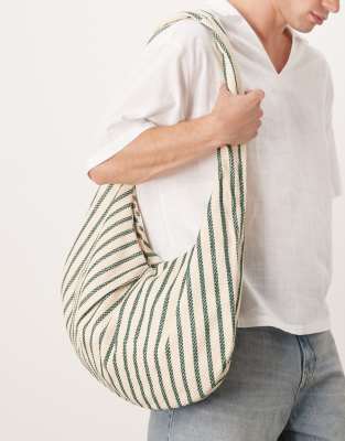 canvas sling cross body bag in ecru with green stripe