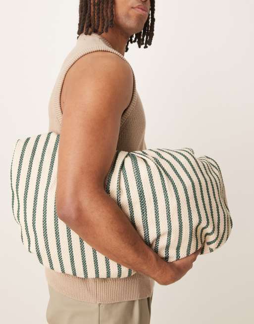 ASOS DESIGN canvas sling cross body bag in ecru with green stripe