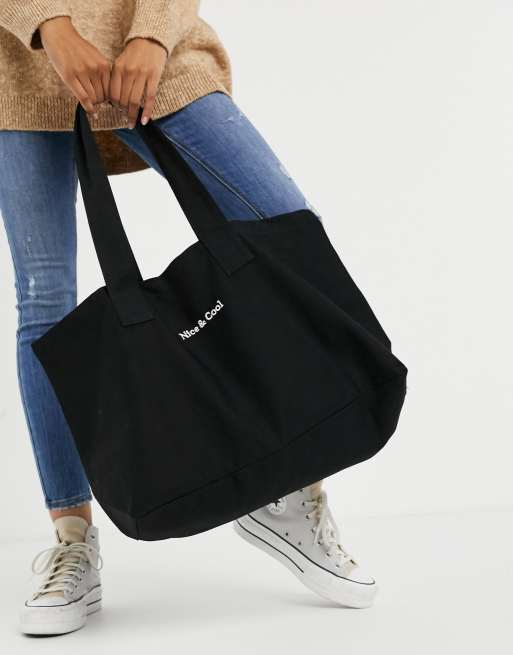 Asos Design Canvas Tote Bag In Black With Nice Cool Embroidery Asos