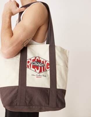 canvas tote bag with graphic in ecru and brown-White