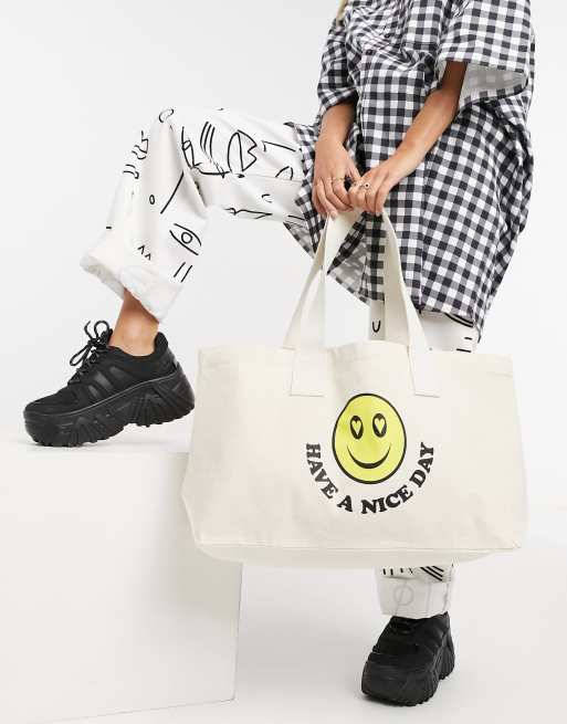 Asos Design Canvas Tote Bag With Happy Face Placement Print Asos