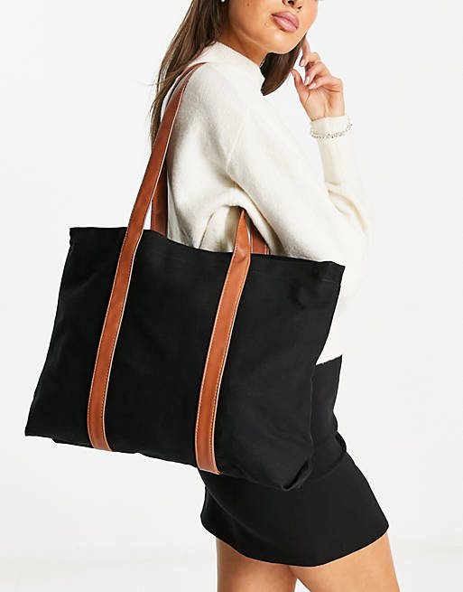 ikke Utilgængelig feudale ASOS DESIGN canvas tote bag with laptop compartment with PU straps in black  | ASOS