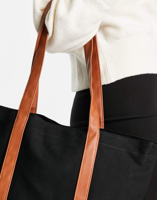 ASOS Design Canvas Tote Bag with Contrast Strap and Detachable Crossbody strap-Neutral