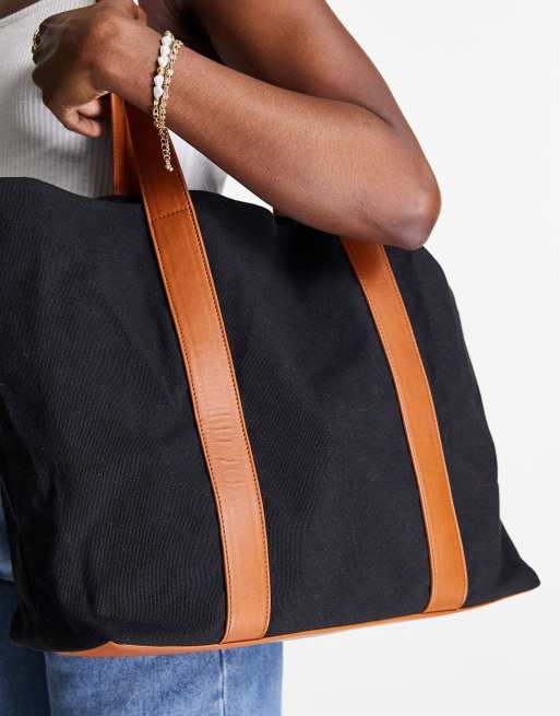 Black canvas tote with leather straps best sale