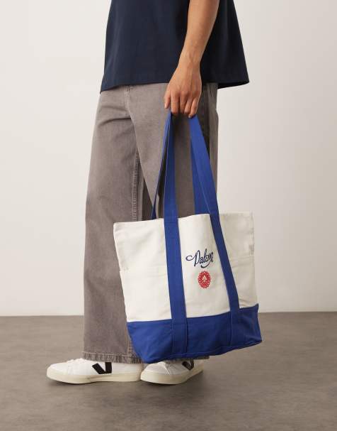 ASOS DESIGN canvas tote bag with palermo print in ecru and blue - view 1