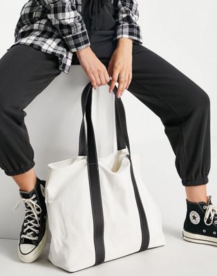ASOS DESIGN canvas tote bag with PU straps in cream - ASOS Price Checker