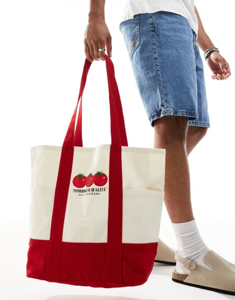 ASOS DESIGN canvas tote bag with tomatoes print in red and ecru - view 1