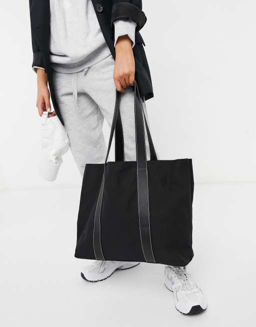 ASOS DESIGN - Canvas tote met PU banden in zwart