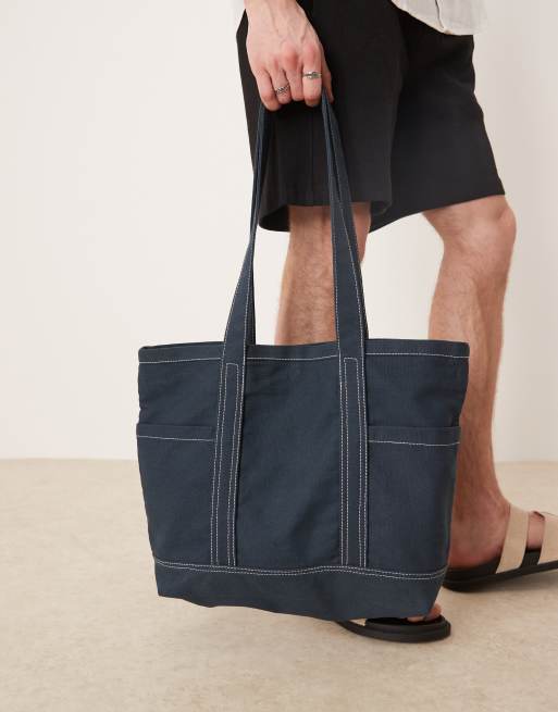 ASOS DESIGN - Canvas tote tas met stiksels in marineblauw