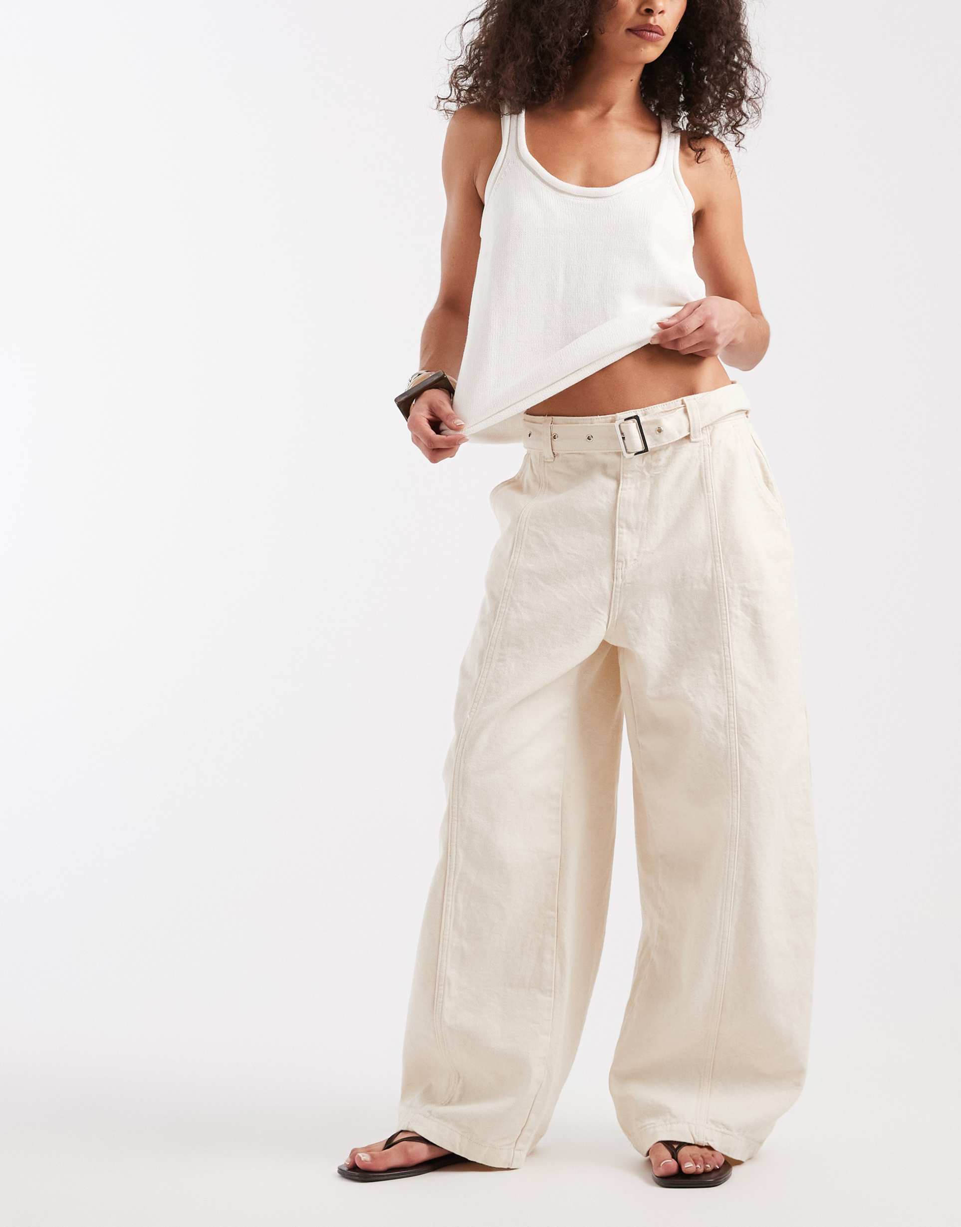 asos design canvas wide leg pants with belt detail in stone