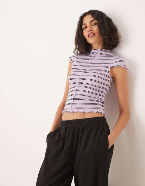 ASOS DESIGN cap sleeve baby tee with high neck and seam detail in stripe - view 1