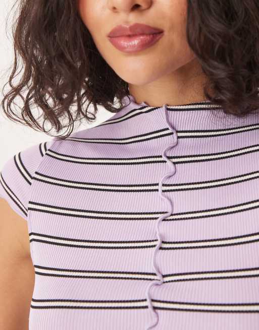 ASOS DESIGN cap sleeve baby tee with high neck and seam detail in stripe