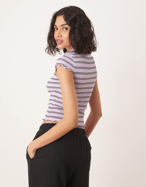 ASOS DESIGN cap sleeve baby tee with high neck and seam detail in stripe