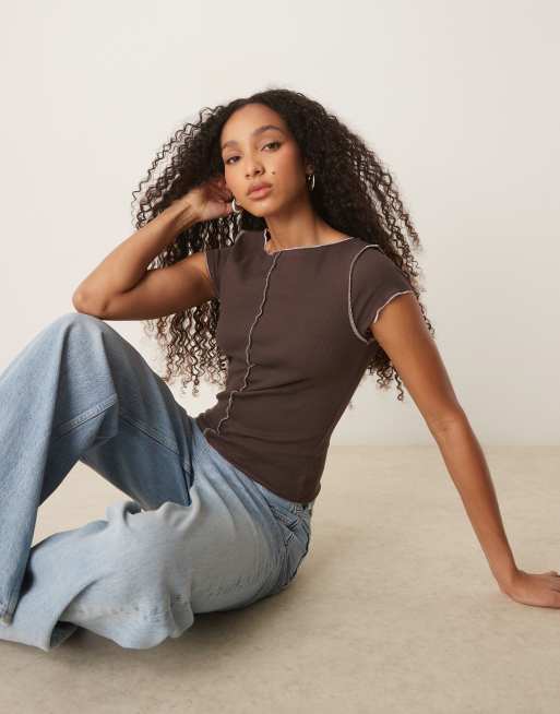ASOS DESIGN cap sleeve baby tee with pink seam detail in chocolate, 4 of 4