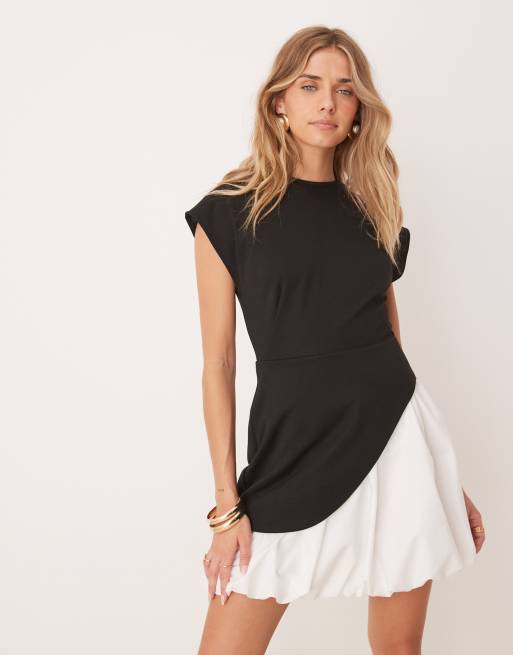 ASOS DESIGN cap sleeve bubble skirt mini dress in black and white
