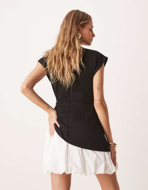 ASOS DESIGN cap sleeve bubble skirt mini dress in black and white