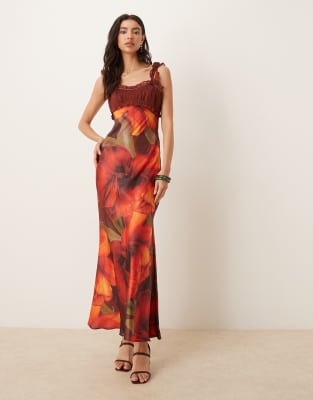 Asos Design Cap Sleeve Chiffon Ruched Bust Midi Dress In Orange